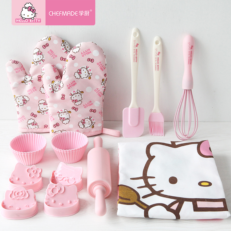 学厨 HELLO KITTY正版授权儿童亲子蛋糕凯蒂猫图案烘焙工具8件套装围裙饼干模具隔热手套擀面杖油刷 KT7071