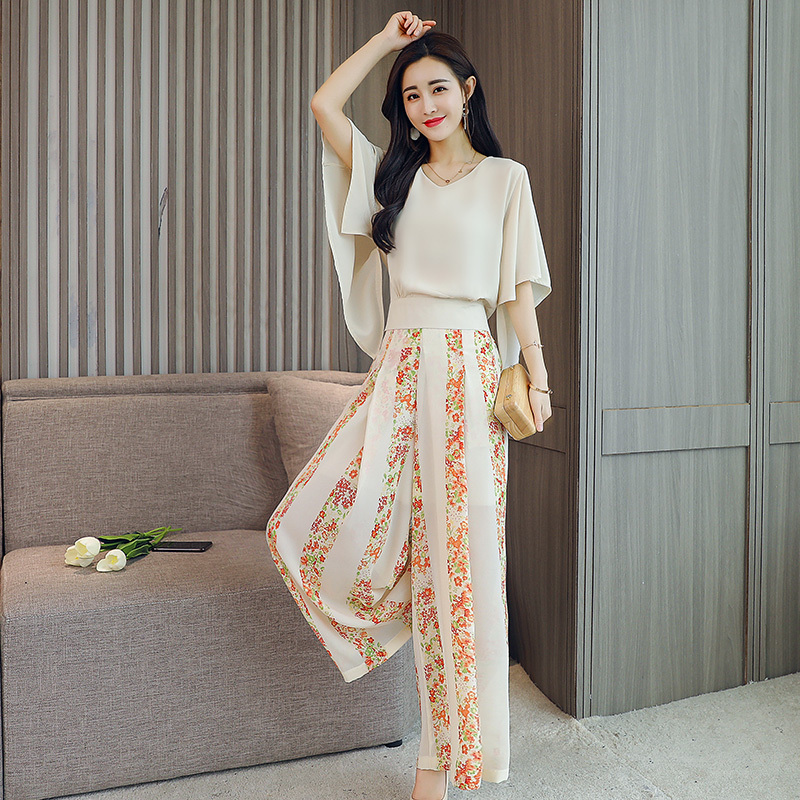 女神范印花套装女夏款女士新品时尚气质两件套时髦洋气高腰阔腿裤