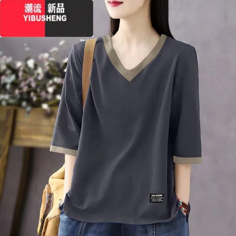 YIBUSHENG时尚拼色V领短袖T恤女季大码胖mm宽松遮肚显瘦百搭中袖上衣高清大图