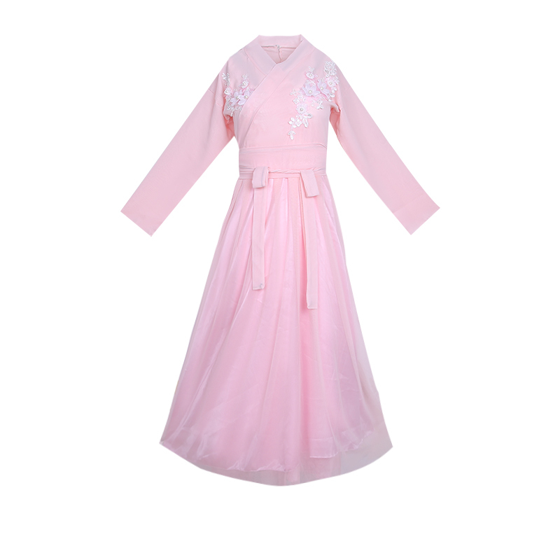 粉红色 儿童120 古典舞演出服女飘逸仙女中国风汉服古装束腰成人超仙