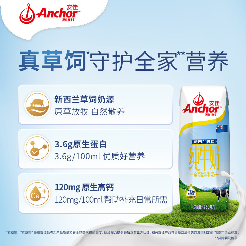 安佳全脂纯牛奶250ml*24盒 新西兰进口 3.6g蛋白 草饲奶源