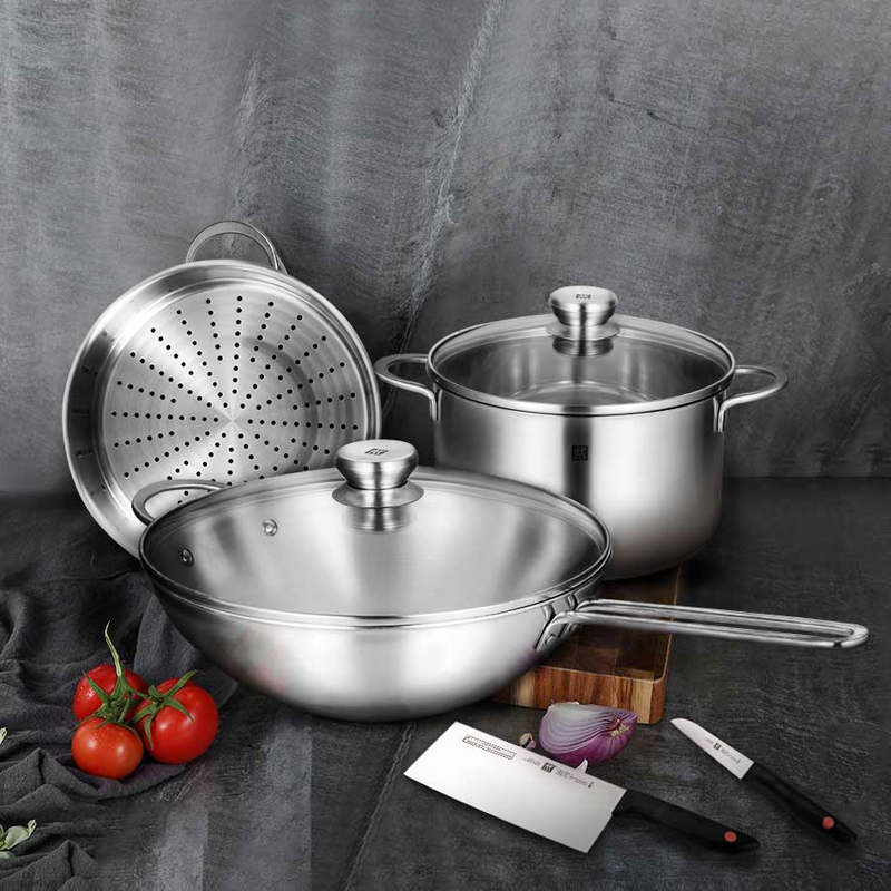 双立人(ZWILLING)Nova系列30cm中式炒锅8件套 汤锅蒸笼铸铁锅刀具炊具组合