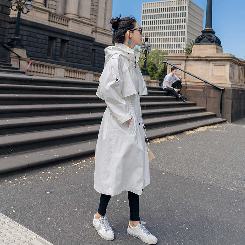 白色风衣女中长款韩版春季2018新款学生bf宽松过膝连帽外套潮白色