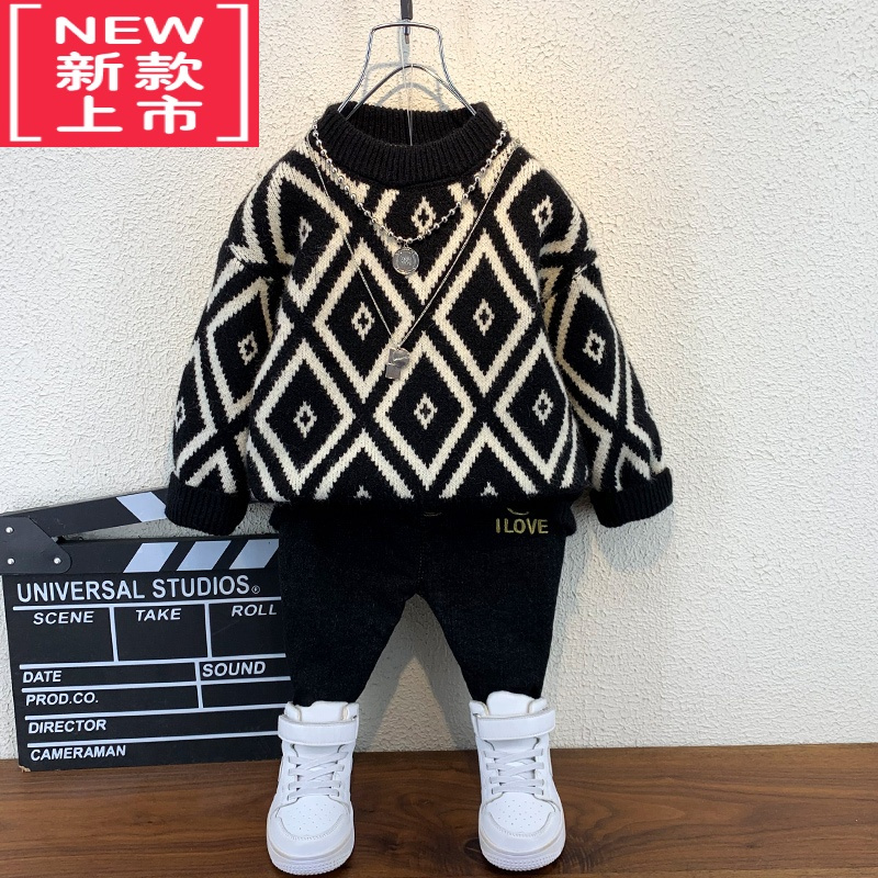 可莉允男童加绒毛衣秋冬款2022新洋气小童宝宝针织打底冬季儿童加厚线衣