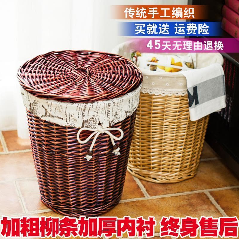 衣服篓脏衣篮藤编带盖衣物玩具收纳筐储物框子家用浴室编织脏衣桶 [灰黑色磨光筐]蓝圆点布 ★三号无盖★图片