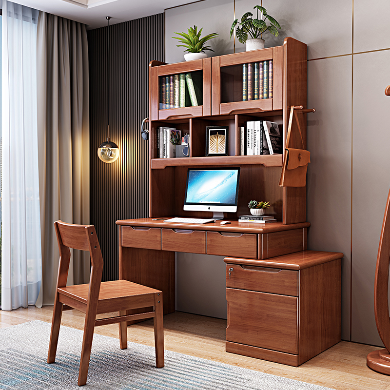 百冠环球 实木书桌书架组合伸缩书桌家用台式电脑桌一体书房成人简约
