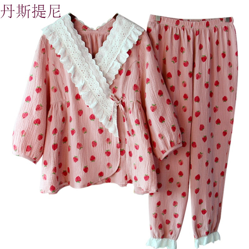 秋季莓睡衣双层棉纱和服甜美可爱全棉家居服长裤纯棉女两件套装
