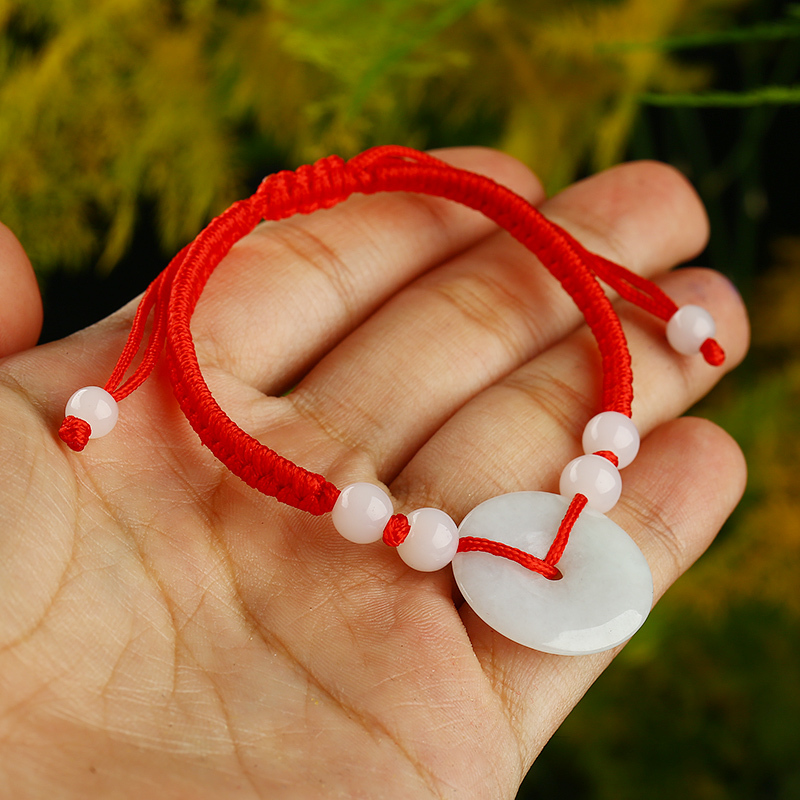 翡翠手链红色编织手环平安扣坠手串饰品送女朋友七夕情人节礼物