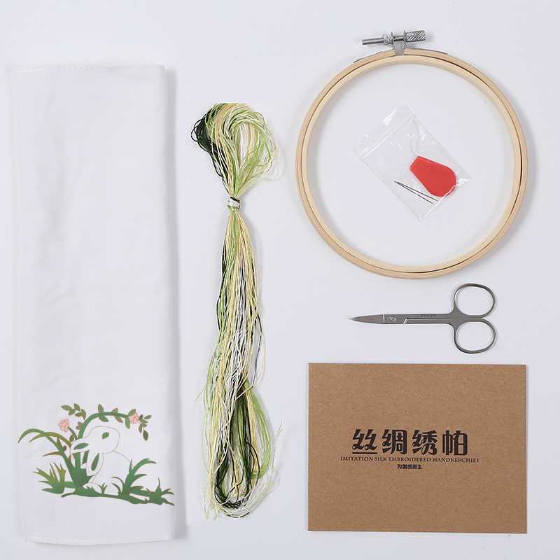 兔子手帕苏绣手帕刺绣手工diy套件材料包自绣绿色眼睛兔子长歌行李乐