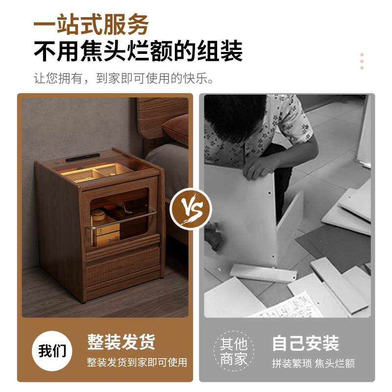 实木智能床头柜卧室简约现代床头置物架床边小柜子收纳柜高清大图