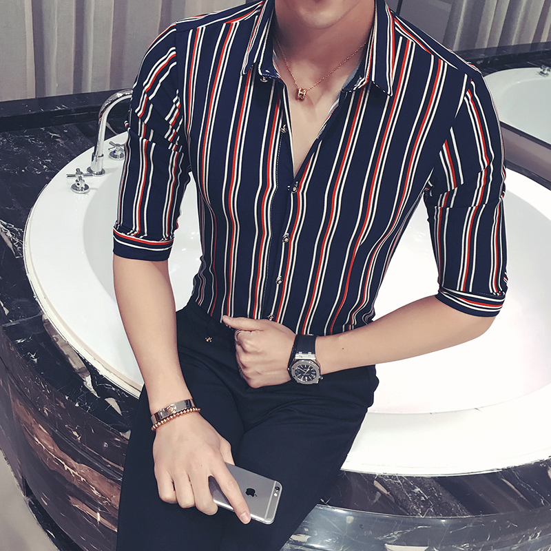夏季韩版七分袖衬衫男修身中袖衬衣百搭型师服装个性条纹寸衫潮