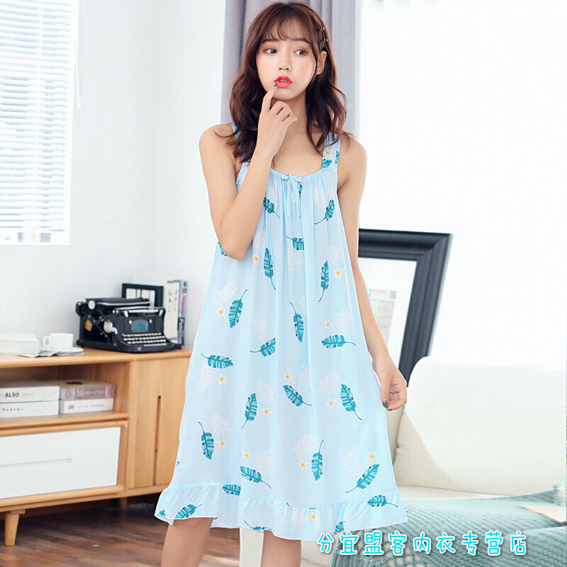 波迷娜(BOMINA)官方品质吊带女夏棉绸可爱韩版少女士学生人造棉连衣裙薄款 绿兔 均码