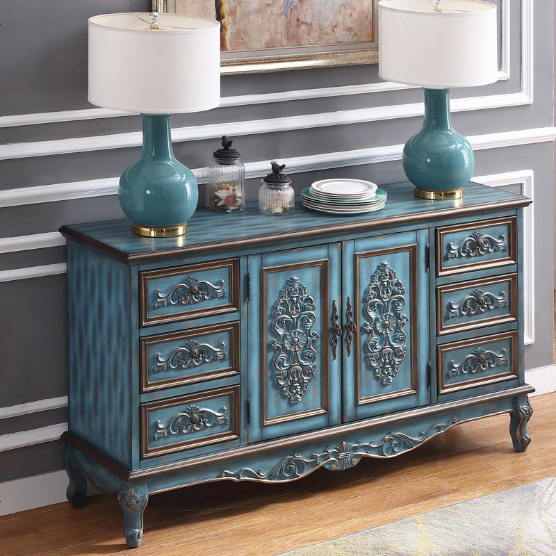 美式餐边柜实木欧式备餐柜彩绘玄关柜斗柜储物收纳柜子家具1.5米 蓝色雕花_双_