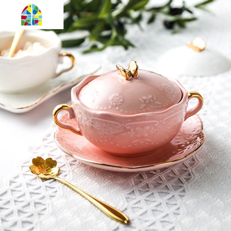 欧式燕窝小碗金边双耳蒸蛋碗陶瓷甜品糖水碗带盖套装鱼翅银耳汤盅 FENGHOU 金边款双耳盖碗(粉色)图片