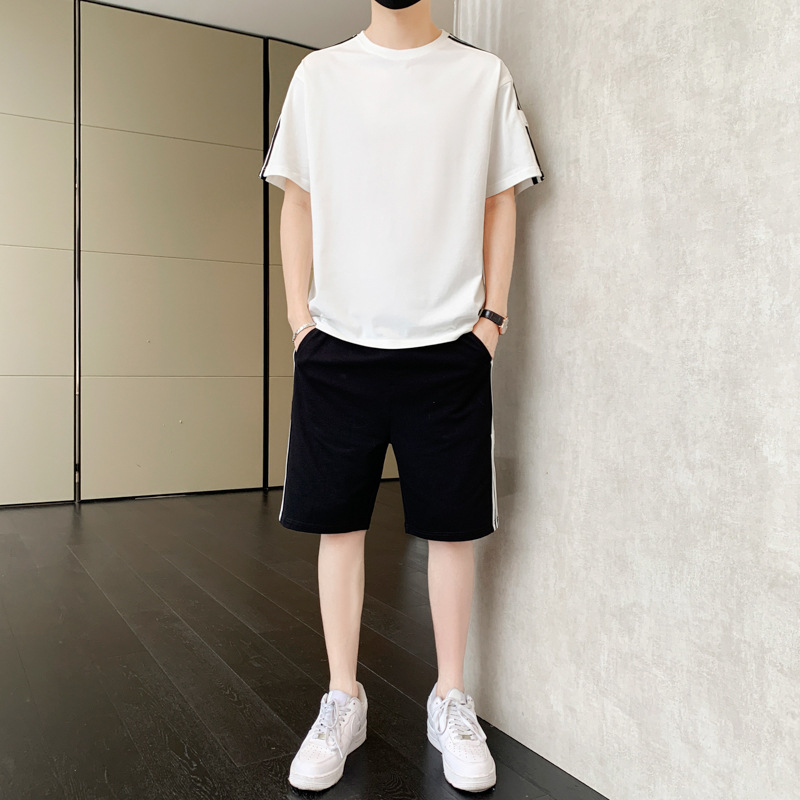 啄木鸟冰丝套装男士夏季薄款运动短袖t恤一套搭配五分休闲短裤男 0850白色 4XL175-195斤可穿