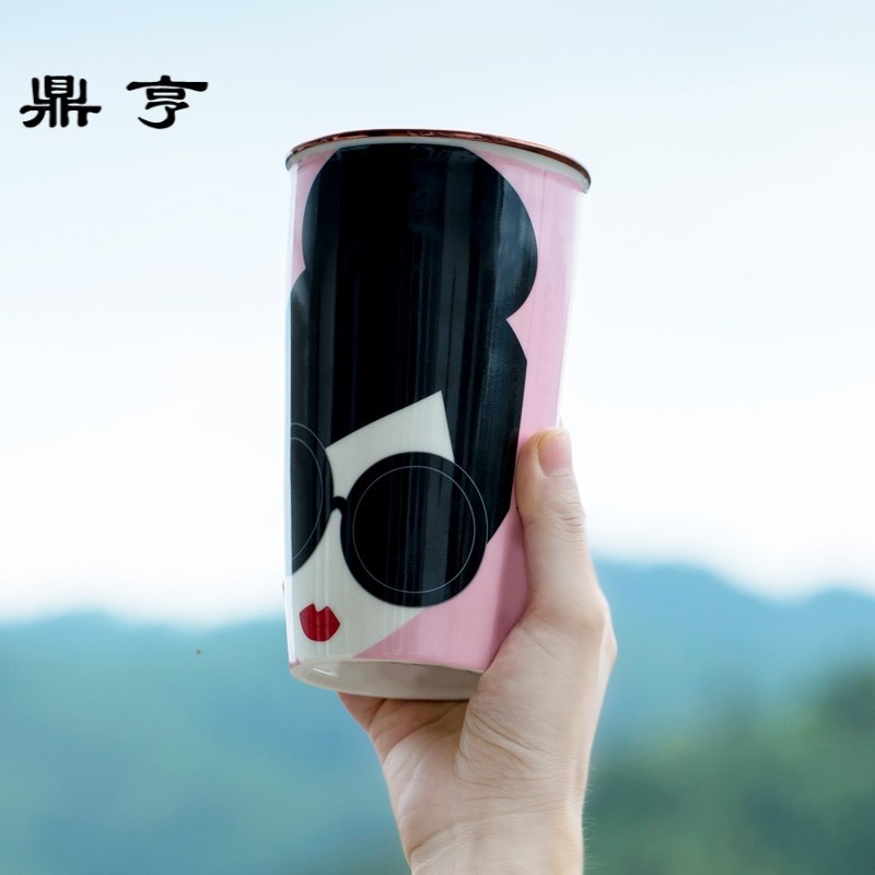 鼎亨北欧ins风格爱丽丝桌面咖啡马克杯带盖勺 创意车载双层陶瓷水