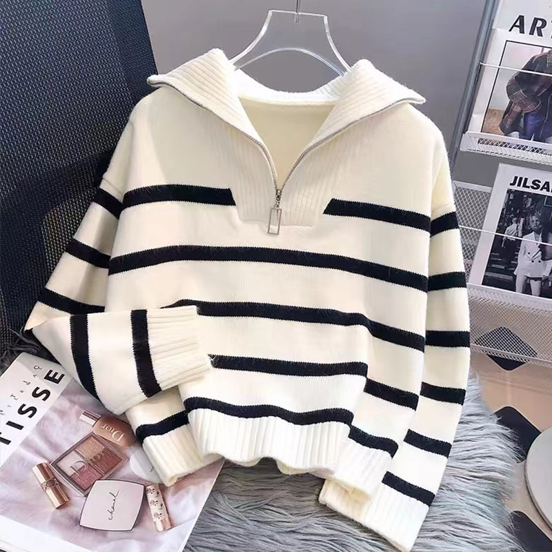 设计感条纹高翻领半拉链毛衣女秋冬新款宽松慵懒风拼色针织衫上衣