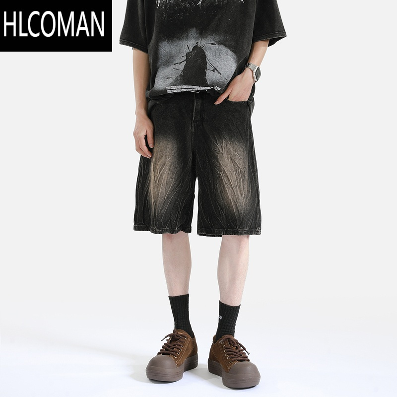 HLCOMAN重工闪电纹牛仔短裤男夏季美式高街水洗做旧宽松直筒五分裤子