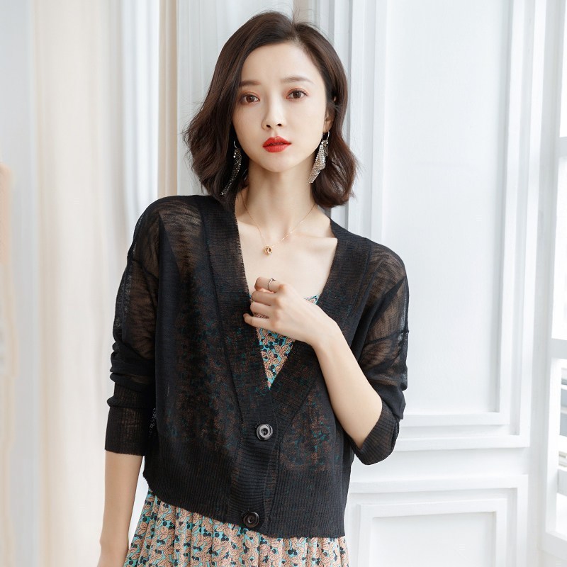 佐露丝开胸女士夹克针织防晒外套女2020夏季低领短款宽松蝙蝠袖冰丝薄