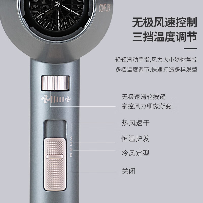康夫(CONFU)电吹风机 家用理发店专用 大功率负离子恒温护发速干无极风速调节吹风筒KF-5920星空灰