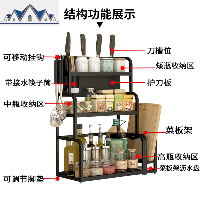 厨房置物架黑色不锈钢壁挂调料味品架子刀板油盐酱醋收纳用品 三维工匠高清大图