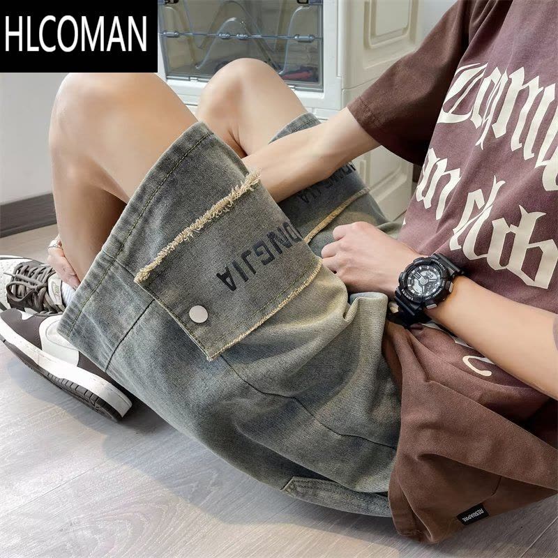 HLCOMAN美式复古vintage牛仔短裤男款夏季小众设计感裤子高街vibe五分裤图片