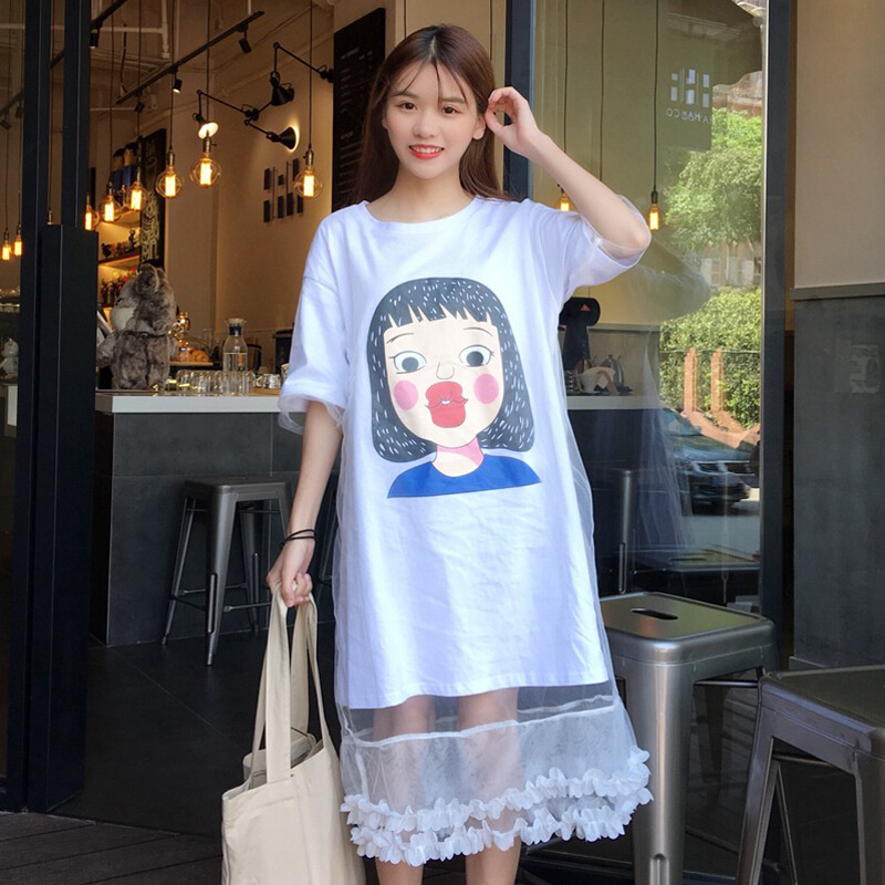 春夏女装韩版中长款假两件网纱拼接卡通短袖T恤连衣裙显瘦长裙白色均码