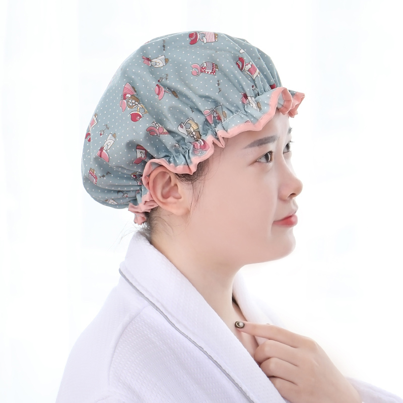 浴帽女防水洗澡头套双层加厚可爱厨房帽子防油烟沐浴成人淋浴发冒 三维工匠 蓝色女孩+粉色小花高清大图