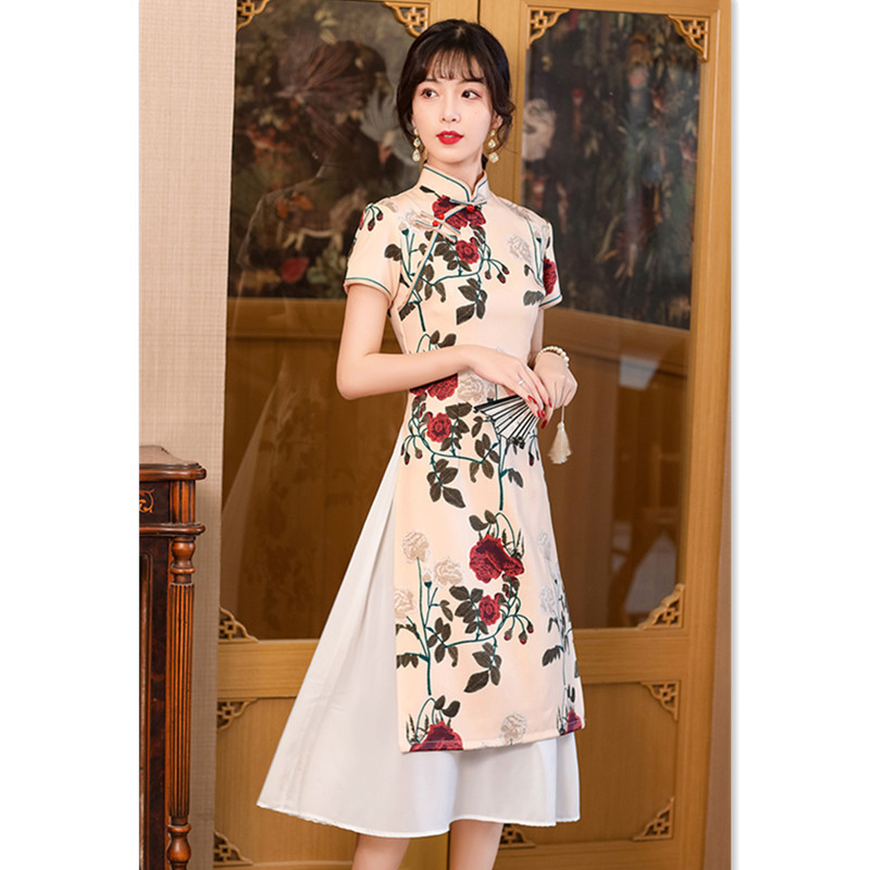 现代改良新版中长奥黛旗袍裙新款年轻少淑女士日常旗袍裙