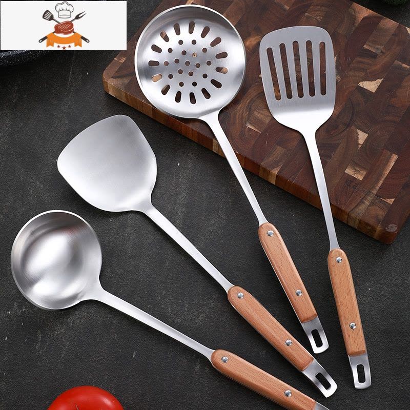 实木厨具304不锈钢锅铲套装全套家用铲子炒菜勺子汤勺漏勺煎铲子 敬平 九珠肉叉(410材质)图片