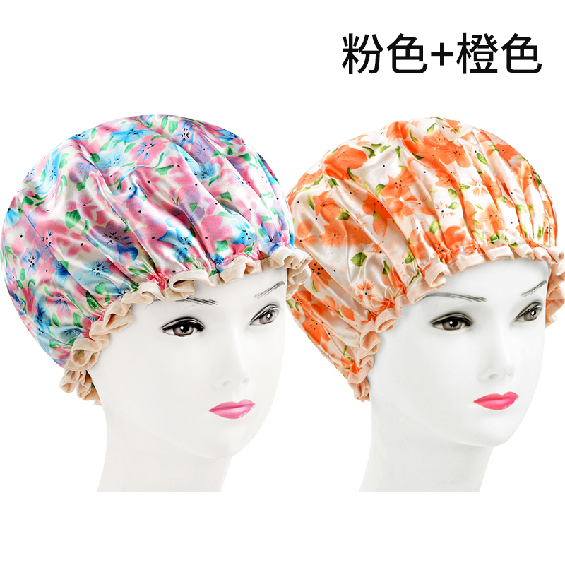 韩式双层加大加厚女士成人防水洗澡浴帽 洗头做饭防污防油帽 三维工匠 粉色+桔色[双层加厚防水防油]高清大图