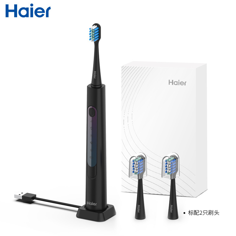 海尔(Haier)电动牙刷HB551-06璀璨黑成人男女生情侣款充电式声波震动智能牙刷标配2刷头细软刷毛