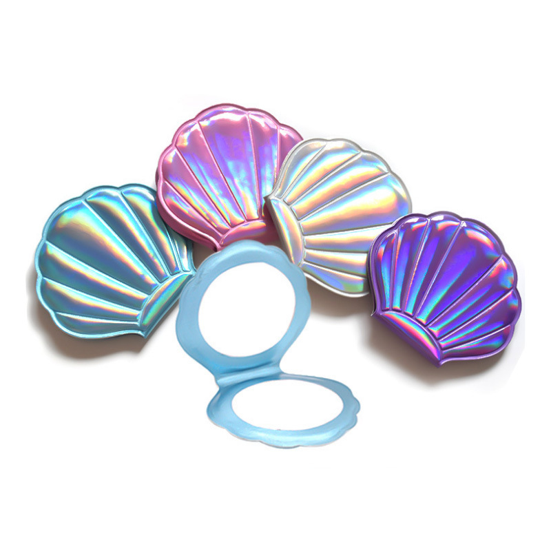 彩色少女心贝壳仙女小镜子便携随身镜双面补妆镜 镭射贝壳化妆镜-银色