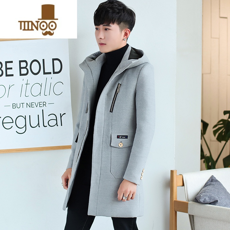 YANXU风衣男中长款呢子大衣韩版帅气毛呢冬季潮流呢子男装冬装外套高清大图