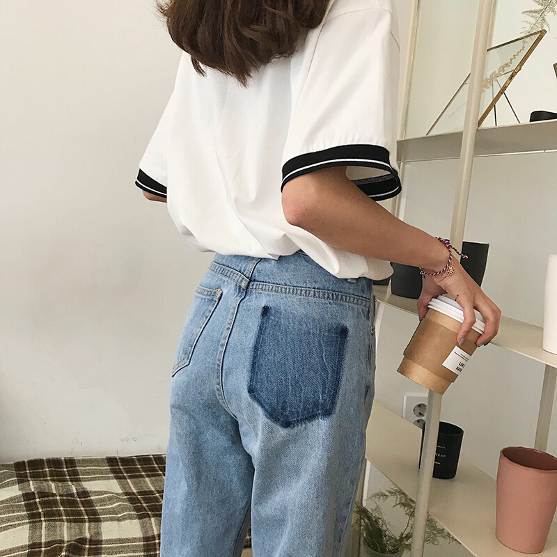 2018夏装高腰阔腿牛仔裤女宽松直筒裤九分裤超火裤子浅蓝色