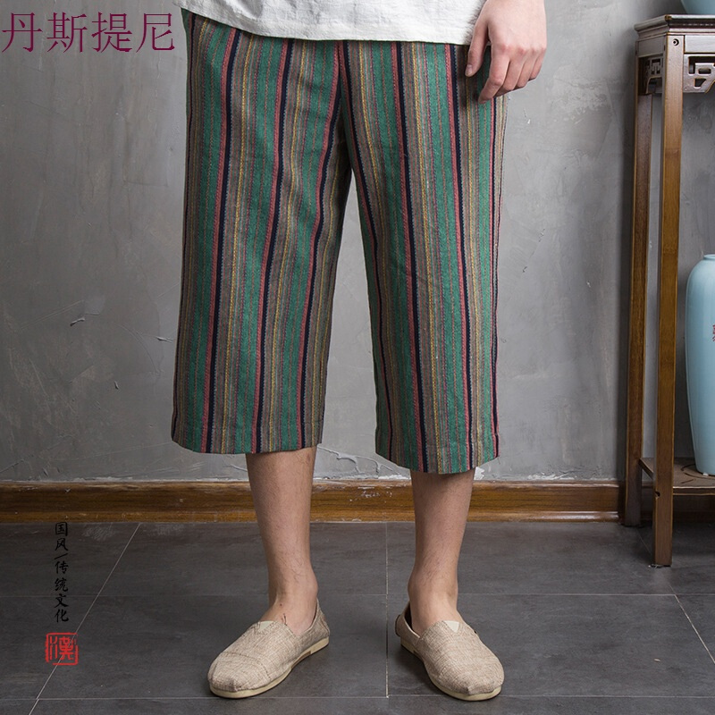 夏季中国风宽松条纹亚麻七分裤男阔腿裤大码胖子直筒棉麻潮休闲裤