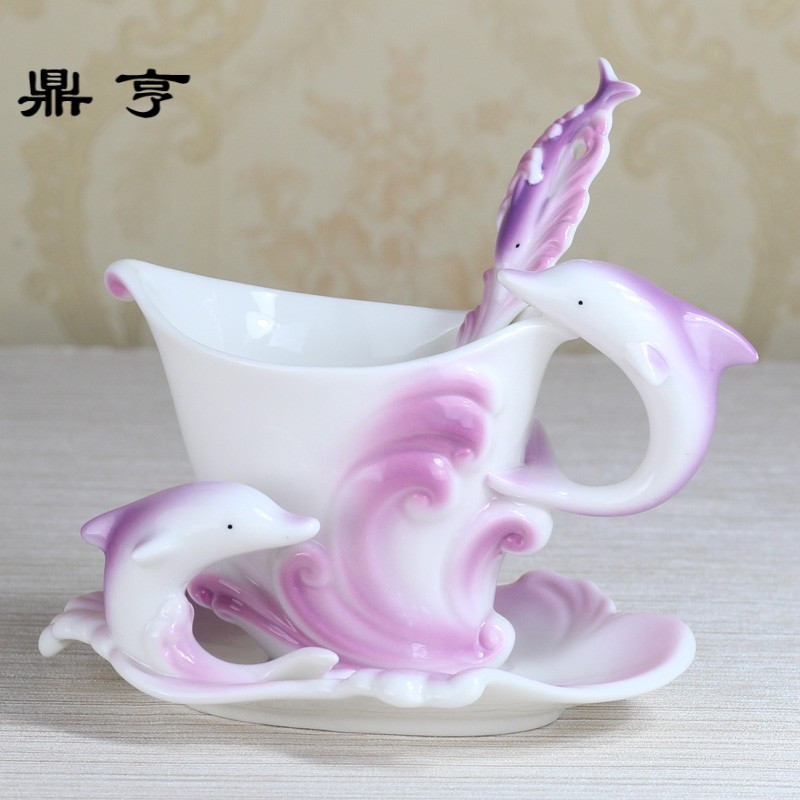 鼎亨珐琅彩陶瓷套装创意海豚欧式咖啡杯子碟勺生日情人教师节