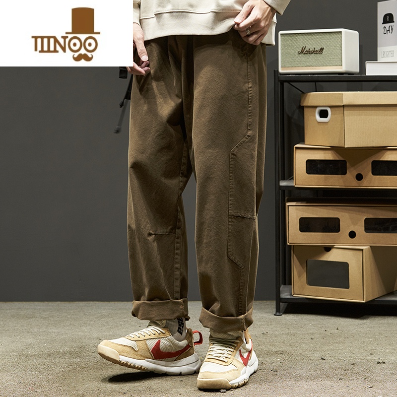 YANXU日系工装裤男复古拼接宽松阔腿直筒长裤男生纯色潮流休闲裤款高清大图