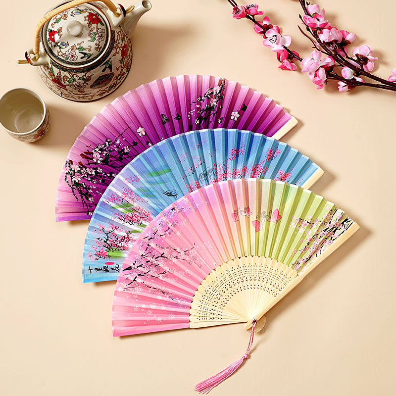 扇子古风折扇中国风汉服女旗袍舞蹈跳舞儿童学生夏日随身折叠竹扇-渐变樱雨（粉绿）高清大图