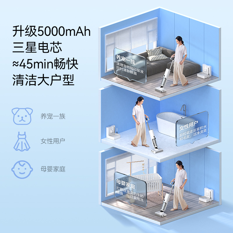 德尔玛(Deerma)VX900无线智能双轴洗地机可贴边家用吸尘器P50吸拖一体自动加水双滚刷一键自清洁热风烘干电解水