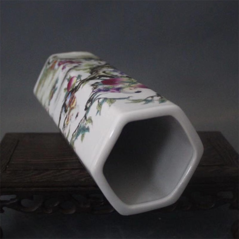 美帮汇景德镇仿古陶瓷乾隆粉彩九子蟠桃六方高笔筒家居桌面展柜摆件高清大图