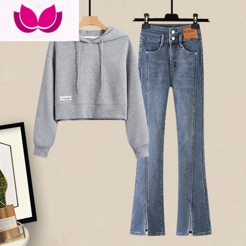 七斓可盐可甜炸街套小个子穿搭减龄短款卫衣微喇叭牛仔裤套装女春高清大图