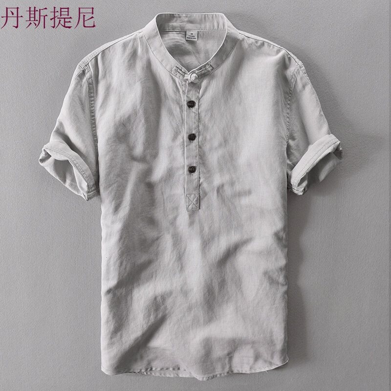 中国风亚麻料短袖男盘扣立领棉麻套头薄款宽松半袖衬衫唐装夏
