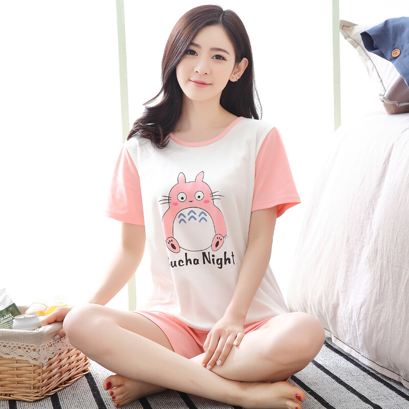 夏季女士卡通短袖全棉睡衣休闲可爱纯棉家居服套装可外穿