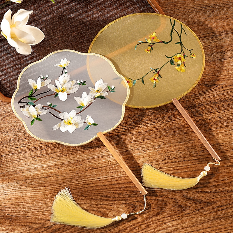 古风苏绣汉服旗袍古装儿童中国风苏州舞蹈圆扇子_双面刺绣八瓣-香兰