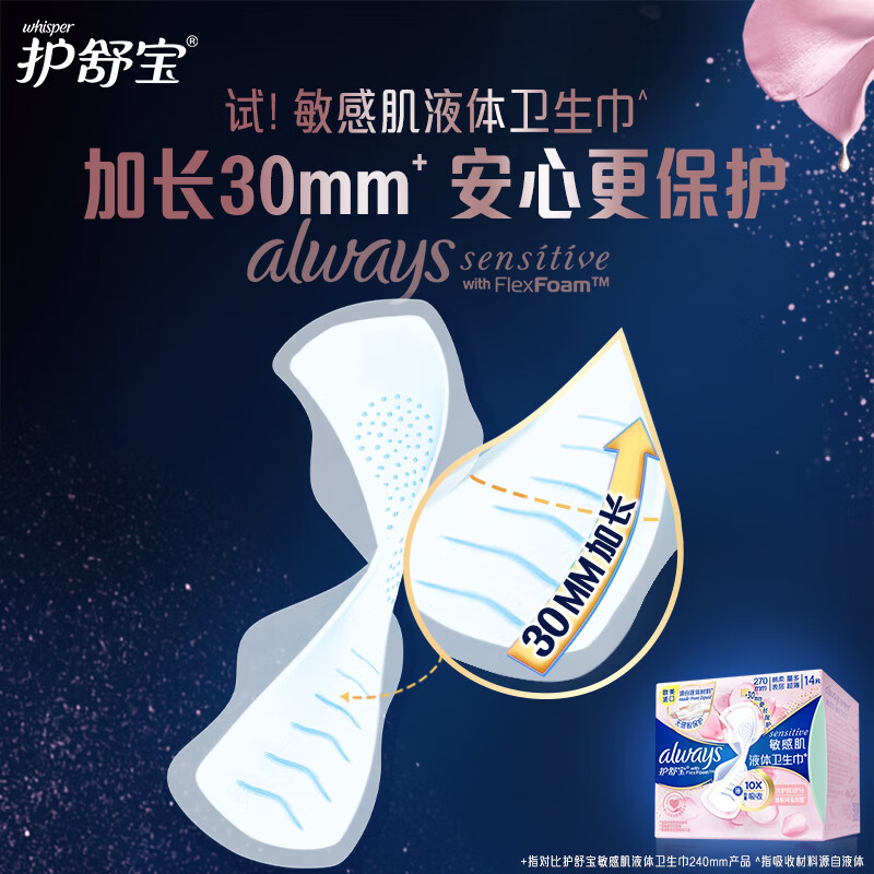 护舒宝 敏感肌液体卫生巾 日用270mm*14片 超薄护肤高清大图