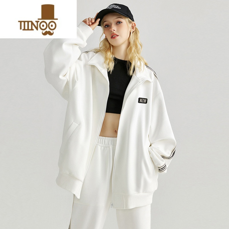 YANXU情侣卫衣男开衫外套美式潮牌宽松百搭复古休闲运动套装 白色 XL推荐135-145斤