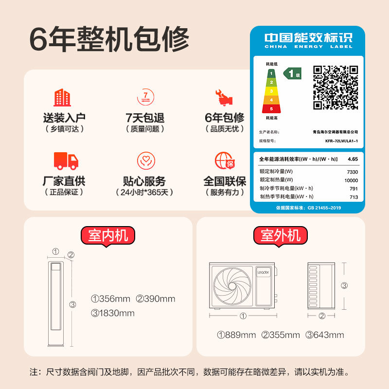 海尔智家统帅(Leader) 超省电新品 3匹超一级能效 变频空调立式柜机国家补贴以旧换新KFR-72LW/LA1-1高清大图