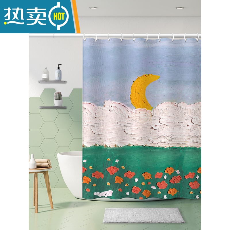 敬平加厚浴帘风景插画卫生间遮挡帘厕所隔断帘子洗澡防水布阳台日出帘高清大图