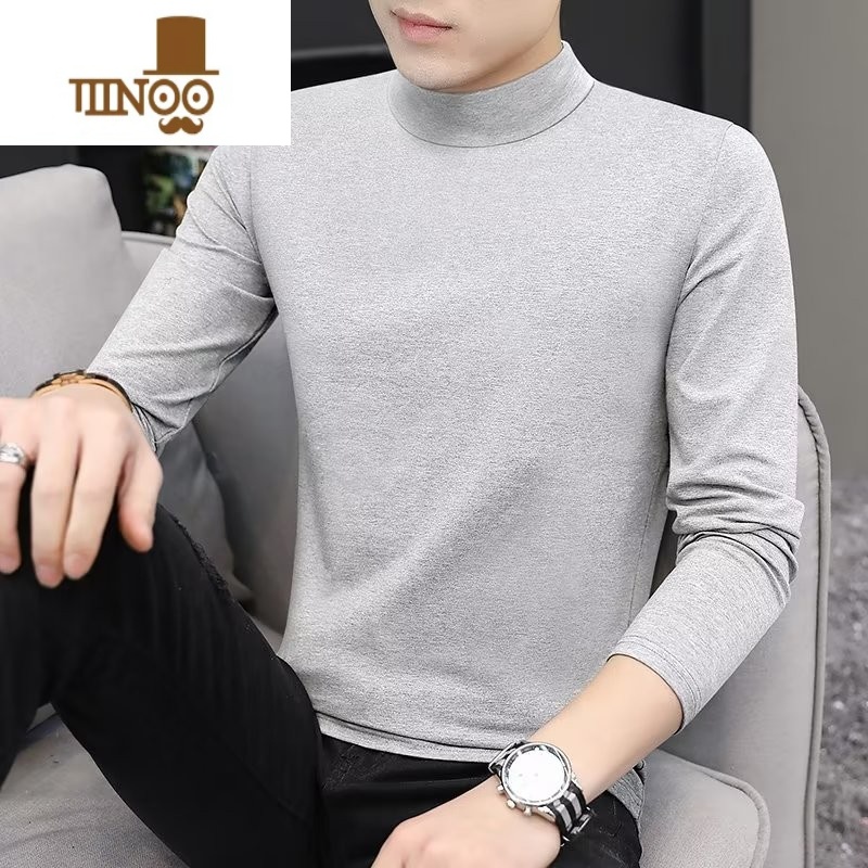 YANXU莫代尔半高领长袖t恤男士薄款修身内搭打底衫中领秋衣男高清大图